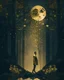 Placeholder: A man in the forest and a gold rain and a passing moon