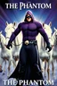 Placeholder: Movie Poster - ((("THE PHANTOM"))), extremely thick, muscular, 6'6'' 18-year-old Billy Zane with extremely exaggerated muscles as the Phantom, long-sleeved, textured, padded purple cotton bodysuit with skintight, formfitting textured purple cotton cowl with ((black eye mask)) and widow peak, black gloves and wrist gauntlets, black boots, double holstered utility belt, skull-shaped belt buckle, glowing, white eyes, standing next to his white horses, captured in a breath-taking explosion of color,