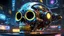 Placeholder: A masterpiece conceptual digital painting of a prototype, experimental (((Pac-Man)))-cybernetic skull hybrid, with ultra-detailed holographic eyes and LED light accents, in a cyberpunk background, Syd Mead art style, sci-fi, cyberpunk, game art, intricate details, HDR, beautifully shot, hyperrealistic, sharp focus, dim foul lighting, 64 megapixels, perfect composition, high contrast, cinematic, atmospheric, moody.