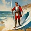 Placeholder: [art by Norman Rockwell, surf at Nazare] Clad in armor that bore the marks of countless battles, Roupinho stood tall and proud, his sword gleaming in the sunlight as if it were an extension of his very being. Forged by skilled artisans and imbued with the essence of his noble lineage, the sword was not just a weapon but a symbol of his duty and honor. Every day, Roupinho would seek solace and guidance in the presence of the Black Madonna. With reverent steps, he would ascend the worn stone steps