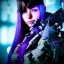 Placeholder: A cyberpunk millitary girl, super high quality, girl portrait, cyberpunk, sniper girl, gun girl, pretty, blue purple lights