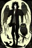 Placeholder: black haired young man necromancer wizard with gothic jewelry and Feathery owl-like hair, has the lower legs of an owl, in the style of Harry Clarke, owl faced