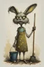 Placeholder: artist Jean-Baptiste Monge style. a unhappy, disgruntled biomorph tall lanky skinny fuzz-headed old dust bunny. skinny arms, legs and body. covered all over in bits of dust and dirt. blue eyes. A yellow dotted green raggedy apron. holding a mop and pail. standing in a cloud of dust. large bits of dirt flying around his head. In Style of Tim Burton