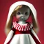 Placeholder: A girl's doll wearing a white dress with red blood bleeding from the back