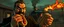 Placeholder: mean looking mafia thug with mustache eating a two hot dogs while fighting on the style of Escher and fallout 4