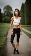 Placeholder: photography of a beautiful anorexic woman, white satin triathlon top, sports illustrated, brunette short wavy bob haircut, pronounced sternum, flat chest, white short leggins