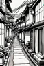 Placeholder: Japanese alleys, greyscale, thin line arts, manga style