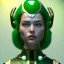 Placeholder: woman, rounded face, green, round helmet, decorative color feathers, retro futuristic, latex coat, soft color, highly detailed, art stations, concept art, smooth, unreal engine 5, god rays, ray tracing, RTX, lumen lighting, ultra detail, volumetric lighting, 3d, finely drawn, high definition, high resolution.