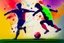 Placeholder: Oil painting, full body of a soccer player, he is kicking the ball, the ball is flying, bright but not neon colours, dynamic lines, dynamic blobs, spots, lines in the background of the character, splash like a colour explosion