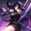 Placeholder: Clear focus,High resolution, Black short fluffy hair, and purple eyes, wearing a black outfit, must wear a short skirt, holding a glowing katana, fighting stance