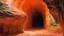 Placeholder: A light rosy orange colored underground covered in magma painted by Claude Monet