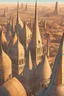 Placeholder: A breathtaking view of a vast and ancient city, basking in the warm glow of a setting sun. The cityscape stretches out as far as the eye can see, adorned with towering spires and intricate archways, all constructed from a shimmering, metallic alloy. The buildings seem to twist and turn organically, defying any sense of symmetry or order. Gigantic statues of long-forgotten rulers and mythical creatures stand sentinel at every intersection, their details etched into the gleaming metal like intrica