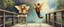 Placeholder: two totally symmetric dancing fluffy angel gremlin wolf bumblebee nice cheerleader singing on bridge pointing down in garden , full body portrait T-pose strong aura, oil painting and air brush