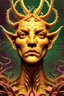 Placeholder: godlike figure made of corn and scales, evil, front view, golden ratio, mechanical, contorted, distorted fractal statue, vines, dotted tentacles, sequined, DMT, demonic, bloody, astral journey, biomorphic visionary psychedelic mushrooms, garden, majestic, garden, spiritual magic, mystical energy, face of god, Salvador Dali, H.R.Giger, René Magritte