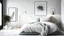 Placeholder: Scandinavian interior design of modern bedroom with big art poster frame.