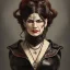 Placeholder: painted portrait of evil witch in black leather, angry, strong, volouptous, chesty, cleavage, intricate, elegant, highly detailed, digital painting, artstation, concept art, smooth, sharp focus, illustration, art by gaston bussiere and alphonse mucha