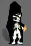 Placeholder: 1950s goofy vinyl toy of a skull face character wearing a black hooded cloak, drawn in a early animation rubber hose animation style, inside a lighter diamond shape on a black background, monochromatic