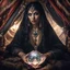 Placeholder: Hyper Realistic photographic-view of Wicked Fortune-teller wearing black-beed-necklace-&-bracelet angrily Looking at her crystal-ball glowing magically & sitting in her tent decorated with fancy-traditional-ornaments-&-feathers showing dramatic & cinematic ambiance"