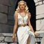 Placeholder: the Slavic goddess girl youthful Zorya Utrennyaya (Dawn/Morning): illustration by Norman Rockwell and Helmut Newton for American Gods (2021), the Slavic goddess girl, blonde with her strands, clear eyes, full figure standing, a flat stone background