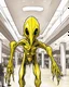 Placeholder: Distorted large yellow insectoid alien black eyes, in a mall, sci-fi art, graphic design, digital illustrated scene, alien art, high strangeness, absurdist, cartoonists