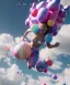 Placeholder: Ultra realistic speed clouds sky scene, wide angle view, sweet women falling down, inflatable color clothing, free jumping flying, many trinkets, hair monster, many jelly beans, balls, color smoke, smile, happy, circus style, extreme, wind, 20,000 feet altitude, stratosphere, soft color, highly detailed, unreal engine 5, ray tracing, RTX, lumen lighting, ultra detail, volumetric lighting, 3d, finely drawn, high definition, high resolution.