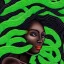 Placeholder: Painting .the face of A young black woman. A wood nymph emerging from the forest. Her hair looks like vines. Dreadlocs. Her skin is the colour of dark soil. Her skin looks like tree bark. Her clothing is made of vines, grass and leaves.