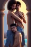 Placeholder: a single 50 year old man embraces a single, beautiful 12 year old arabic boy with long, curly hair and light blue eyes, not muscular, smiling, shirtless