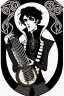 Placeholder: goth male necromancer with black hair playing a hurdy-gurdy in the style of Aubrey Beardsley