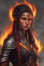 Placeholder: Picture a fierce eladrin druid with blazing jet-black hair, half braided and half down, emitting flames as she conjures fire with her hands. Her eyes shine bright red, and a big scar on her face tells of battles fought. Clad in light armor, she embodies strength and elemental mastery, with her flaming hair adding to the intensity.