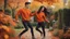 Placeholder: Hyper Realistic Photographic-View of a Handsome Muscular Man With Orange-sweatshirt-&-black-Jeans-&-short-black-hair dancing-romantically with a beautiful-young-woman-with-maroon-shirt-&-black-Jeans-&-long-black-hair in an autumn-garden-with-orange-leaves-whirling with-cloudy-moonlight at-night showing dramatic & cinematic ambiance.