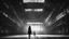 Placeholder: dark mysterious gigantic old hangar, girl looking at the ceiling, photographic, black and white