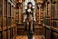 Placeholder: a full-length pale dark-haired woman with a straight bob hairstyle with a fringe, in a steampunk leather outfit, and gloves, standing in a steampunk library