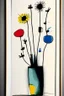 Placeholder: Pen, sketchy ink and oil transfer minimalist print of flowers in a vase in colours in the style of Paul Klee