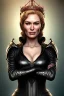 Placeholder: Cersei Lannister as evil queen in black leather, busty, cleavage, curvy, lena headay, angry, stern look. character design by cory loftis, fenghua zhong, ryohei hase, ismail inceoglu and ruan jia. unreal engine 5, artistic lighting, highly detailed, photorealistic, fantasy