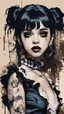 Placeholder: Poster in two gradually, a one side malevolent goth vampire girl face and other side the Singer Melanie Martinez face, full body, painting by Yoji Shinkawa, darkblue and sepia tones,