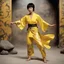 Placeholder: The soul of female Bruce Lee travels to the Underworld: The Dragon Lives Again by Chi Lo, she stands on one of her bare feet in her yellow silk printed kimono, ready to fight with her best kung fu, she stand in Hell,, her other leg ready to strike