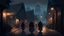 Placeholder: A street in Vallaki in the late evening with in the distance one large guard and two smaller guards. A fantasy RPG style image.