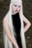 Placeholder: A beautiful young woman with long white hair and blue eyes, pale skin with opal freckles. Wearing a black dress