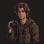 Placeholder: Brown haired man with a scar on his face casual 90s clothes and a camera grimdark realistic art