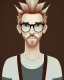 Placeholder: a tall guy who is skinny and scrawny with blond hair and blond beard. his hair is to the left side and he wears glasses. he is wearing a white t-shirt, black jeans and has straight teeth and brown shoes. tim burton style