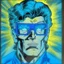 Placeholder: Científico con lentes azules psíquicos héroe foto de perfil arte de comic 1980