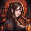 Placeholder: A young woman with pale skin and long brown hair in a fantasy tavern setting with intricate details. She is smirking, a tavern wench pouring a glass of whiskey, has intense red eyes, intimidating presence. High definition.