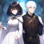 Placeholder: Girl with white hair wearing white robes. Boy with black hair wearing leather armor