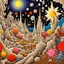 Placeholder: Colourful, peaceful, Yves Tanguy, surrealistic, hypermaximalist, night sky filled with galaxies and stars, rocks, trees, flowers, one-line drawing, sharp focus, 8k, deep 3d field, intricate, ornate