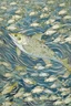 Placeholder: A light gray ocean with flying fish designed in medieval tapestry painted by Gustav Klimt