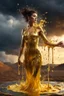 Placeholder: A hyper-realistic photo, beautiful woman body disintegrating into gold dripping ink and slime::1 ink dropping in water, molten lava, , 4 hyperrealism, intricate and ultra-realistic details, cinematic dramatic light, cinematic film,Otherworldly dramatic stormy sky and empty desert in the background 64K, hyperrealistic, vivid colors, , 4K ultra detail, , real photo, Realistic Elements, Captured In Infinite Ultra-High-Definition Image Quality And Rendering, Hyperrealism,