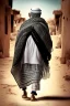 Placeholder: An old man wearing an Arabic keffiyeh, his back bent, walking barefoot, holding his cane upside down, looking back and holding his shoe in his hand.