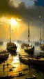 Placeholder: Qaitbay Citadel in Alexandria, fishermen’s boats anchored around it, fishermen putting fishing nets on their boats, fog covering the place, the moment the sun rises