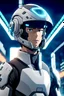 Placeholder: in the anime, sci-fi, a male character with a helmet is in a virtual world.