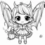 Placeholder: create a 2d black outline, " kawaii devil girl with bat wings coloring book for kids", coloring page, low details design, black contour, coloring page design, colorful , card style, coloring page for kids, halloween backgorund,sketch style,